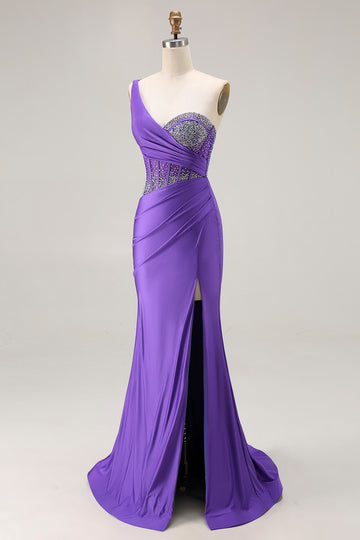 One Shoulder Dark Purple Mermaid Corset Beaded Prom Dress